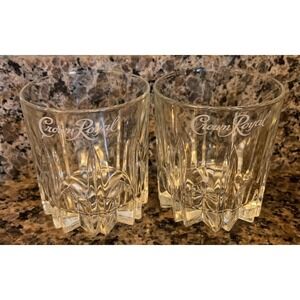 Vintage Crown Royal Whiskey Lowball Glasses Set of 2 Starburst Cut Crystal Italy